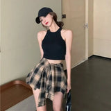 DAIIIBABYYY  -  Sexy U-Neck Short Sleeve Women's Top And High Waist Plaid Skirt Two-Piece Set Fashionable Belted Waist Design Polyester Fiber