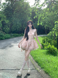 Daiiibabyyy  Kawaii Pink Mini Dress Women Party Cutecore Lace Patchwork Dresses Summer Japanese Fashion Flying Sleeve Bodycon A Line Vestidos
