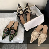 Daiiibabyyy  Spring Retro Design Embroidery Pointed Toe Women Slippers Low Heels Comfortable Mules Party Shoes Zapatos De Mujer