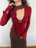 Daiiibabyyy  Retro Spicy Girl Style Niche Instagram High End Lace Patchwork Design Sexy Twisted Hollow Out V-neck Base Shirt