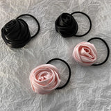 Daiiibabyyy Pink Black Rose Satin Flower Elastic Hair Band Scrunchie Korean Elegant High Quality Ponytail Hair Rope Women Hair Accessories