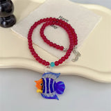 DAIIIBABYYY  -  Colorful Glazed Fish Pendant Necklace Glass Beads Necklace Cute Marine Animal Jewelry Summer Gift