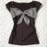 Daiiibabyyy  American Retro Sweet Spicy Bow Plaid Short Sleeved T-shirt Summer Vintage Simple Patchwork Round Neck Top