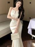 Daiiibabyyy Summer New Satin Halter Midi Dresses for Women Slim Mermaid Sexy Bodycon Evening Party Dress Sleeveless Prom Robe Vestidos Mujer
