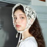Daiiibabyyy White Woven Floral Lace Hair Scarf Wraps Women Retro Triangle Headscarf Hat Travel Photo Headband Hair Accessories