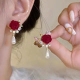 Daiiibabyyy  Wine Red Imitation Velvet Rose Pearl Earrings for Women Vintage Red Rose Elegant High-end Studs Earrings Jewelry Accessories
