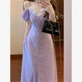 DAIIIBABYYY  -  French Gentle Splicing Lace Purple Bubble Sleeve Dress For Women Summer New Style High End Concealed Waist Elegant Long Dresses
