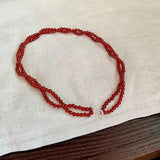 Daiiibabyyy  Handmade Red Color Agate Natural Stone Twist Rope Chain Double Layers Beaded Necklace for Women Silver Toggle Clasp Choker
