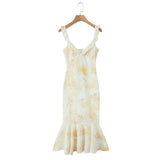 Daiiibabyyy  Sexy Wood ears V neck Light Yellow Floral Print Ruffles Strap Sling Dress Summer Woman Ruffles Hem Midi Dresses Robe Vestidos
