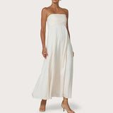 Daiiibabyyy  Women Tube Maxi Dress Ruched Strapless Bodice A Line Long Dress Elegant Lady Sleeveless Flowy Summer Sundress