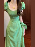 DAIIIBABYYY  -  French Bubble Sleeve Wave Point Green Dress For Women Summer New Seaside Vacation High Waist Temperament Long Style Dresses