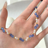 Daiiibabyyy  Fresh Blue Seed Beads Pearl Stone Clavicle Chain Summer Dopamine Beaded Necklace For Women and Girls Holiday Daily Jewelry
