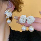 Daiiibabyyy -  Sweet 2 Designs White Color Crystal Simulated Pearl Miyuki Flower Long Drop Earrings for Women Statement Party Jewelry