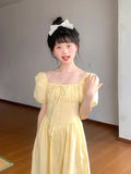 DAIIIBABYYY  -  Sweet French Square Neck Lace-up Puff Short-sleeved Dresses Women's Summer Waist-cinching Slimming Tempermant Mid-length Dress