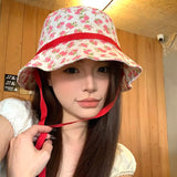 DAIIIBABYYY  -  Korean Version of Sweet Floral Strap Bucket Hat Women's Spring and Summer Small Fresh Pastoral Style Sunshade Thin Sun Cap