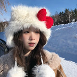 Daiiibabyyy  New Christmas Sweet Cute Ear Protection Hats Autumn Winter White Plush Red Bow Cat Hat Outdoor WindProof Cap Festival Gifts