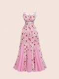 Daiiibabyyy  Pink Strawberry Floral Sheer Mermaid Dress With Lace Trim And Thin Straps For Spring Summer