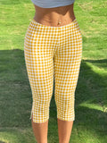 Daiiibabyyy  Summer Women Capri Pants High Waist Slim Fit Crop Pants Solid Color Ankle Pants Mid Low Rise Gingham Print 3/4 Pants with Side