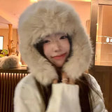 Daiiibabyyy  Winter Warm Plush Snow Ski Cap Russian Hat Women Fluffy Thicken Faux Fur Hats Female Outdoor Windproof Ear Protection Daily Wear