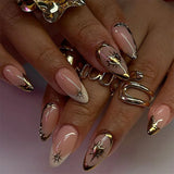 Daiiibabyyy  24Pcs Mid-length Almond False Nails with 3D Irregular Gilding Full Cover Nails Tips Cat's Eye Pearl Wearable Press on Fake Nails