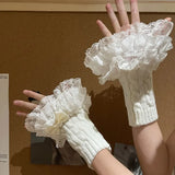 DAIIIBABYYY  -  Women Fake Sleeve Knitted Ruffles Cuffs Lolita Black White False Sleeves Lace Cuffs Detachable Wrist Warmer for Shirt Sweater