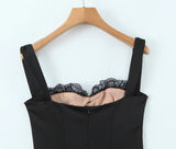 Daiiibabyyy  Women V neck Backless Party Skater Short Sling Dress Sexy Stitching Lace Bra Corset Style Spaghetti Strap Mini Dresses