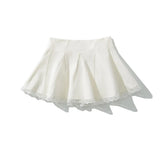 Daiiibabyyy  Holiday Front Cross Lacing up Bandage Bow Zipper Waist Mini Skirt Women White Spliced Lace Hem Ruched Swing A-lined Skirts Black