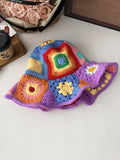 Daiiibabyyy  Wind Flower Handmade Wool Crochet Bucket Hat Women's Big Brim Retro Grandmother Grid Splicing Crochet Bucket Hat