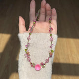 Daiiibabyyy  Bohemian Pink Waterdrop Handmade Beaded Flower Pendant Necklace Sweet Summer Girl y2k Jewelry