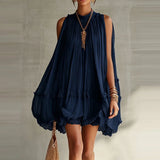 Daiiibabyyy  Elegant O-neck Solid A-Line Summer Dress Fashion Hight Waist Sweet Style Party Dresses Short Sleeve Pleated Mini Dress For Women