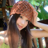 Daiiibabyyy  New Spring and Summer Hand-knitted Sequin Openwork Knitted Cold Hat Women's Literary Crochet Versatile Fashion Beanie Caps