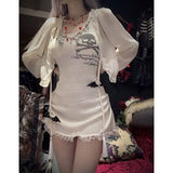 Daiiibabyyy  Subculture Gothic Lace Skeleton Milk White Suspender Dress Retro Dark Millennium Spicy Girl Clothing