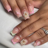 Daiiibabyyy  24Pcs Mid-length Square Head False Nails Press on Green French 3D Flower Design Fake Nails Reusable Finished Full Cover Nail Tip