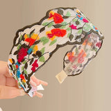 Daiiibabyyy  Vintage Flower Chiffon Embroidery Headband For Women Elegant Ethnic Lace Wide Headband Hair Hoop Hair Accessories Wholesale