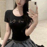 DAIIIBABYYY  -  Trend Lace Top Tee Women Clothing Fashionable Perspective Slim O-neck Short Sleeve T-Shirt Summer Simplicity Patchwork Top Tee