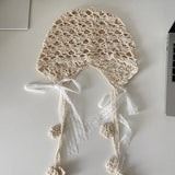 DAIIIBABYYY  -  Korean Ins Hand-woven Lace Bow Decorative Pullover Hat Women's Summer Street Fashion Hollow Breathable Knitted Beanie Cap