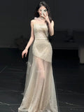 Daiiibabyyy  Luxury Mermaid Evening Dresses Women Sexy Sparkle Mesh Stitching Sequins Strapless Party Dress Lady Special Occasion Prom Gowns
