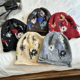 DAIIIBABYYY  -  Korean Flower Jacquard Crimped Knitted Hat Winter Outdoor Warm Ear Protection Big Head Drawstring Design Women Skull Beanie Cap
