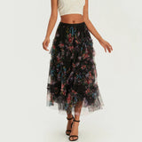 Daiiibabyyy  Early Fall Floral Print Ruffle Mesh Skirt Women Irregular Flowy A-line Midi Skirt for Travel, Beach, Shopping