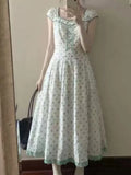 Daiiibabyyy  New French Vintage Fashion Green Sweet Dresses Women Chic Elegant Slim Summer Dress Harajuku Fashion Print Retro Lovely Outfits