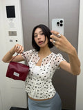 Daiiibabyyy  Fashion Polka Dot Sheer Short Sleeve Blouse Women Elegant Casual Versatile Retro Crop Tops Lady Daily Commute Streetwear