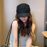 Daiiibabyyy  Retro Cotton-Linen Breathable Flat-Top Hat Vintage-Style Riding Cap Fashionable Duckbill Cap for Women Flatters the Face Shape