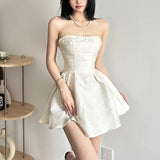 Daiiibabyyy Summer Harajuku Strapless Dress Solid Casual A-Line High Dress Waist Loose Printing Slash Neck Short Mini Dresses Woman
