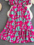 DAIIIBABYYY  -  Summer Women Square Collar Printed Midi Dress Elegant Short Puff Sleeve High Waist Ruffle Hem A-Line Vacation Beach Vestidos New