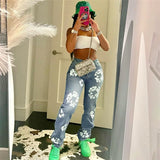 DAIIIBABYYY  -  Women Kapok Print Slim Jeans Pants Autumn Winter High Waist Button Zipper Casual All Match Fashion Trousers Hipster Streetwear