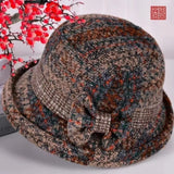 Daiiibabyyy  Vintage Thickened Middle Aged Women Bucket Hat Windproof Warm Bow Top Hat Short Brim Faux Woolen Cloche Hat Elderly Mom