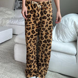 DAIIIBABYYY  -  Brown Leopard Print Casual Pants Autumn Winter Warm Lace-up Low Rise Straight Pants for Women y2k Streetwear Trousers New