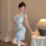 DAIIIBABYYY  -  New Print Mesh Ruffled Sling Short Dress Summer Elegant Casual Beach Style Dress Women Korean Fashion Bodycon Evening Dress