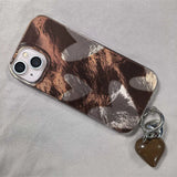 Daiiibabyyy  Whirlpool Pattern IND Irregular Brown Love Phone Case with Love Pendant for iPhone 11 12 13 14 15 16 17 Pro Max