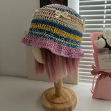 Daiiibabyyy  -  Spring Summer Hand Hook Cotton Knitted Bow Striped Bucket Hat Contrasting Color Women Sweet Cute Knitted Sun Basin Hat